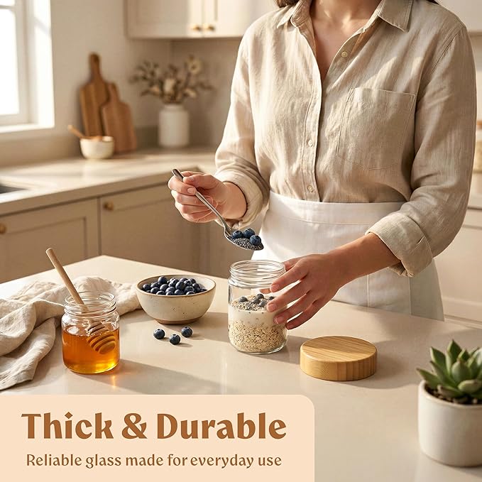 EDELHAUS Overnight Oats Containers with Lids Bamboo (4 x 16oz) Glass Jars for Oatmeal, Meal Prep, Food Storage | Leak-Proof Mason Jars for Oats, Cereal, Yogurt, Chia Pudding [Thicker Glass 3mm]