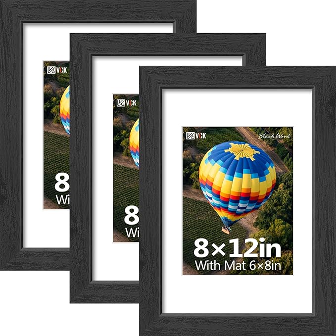 VCK 8x12 Picture Frames Black - 3 Pack, Wide Border Solid Wood, Tempered Glass, Display 6x8 Photo with Mat or 8 x 12 Without, for Home, Office, Gallery, Woodgrain Series, Tabletop & Wall Hanging