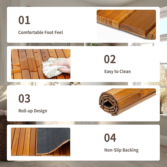 Utoplike Teak Wood Kitchen Mat with Non-Slip Rubber Backing, Roll-Up Wooden Floor Mats for Standing at Sink, Stove, or Counter, Easy Clean for Entryway or Laundry Room