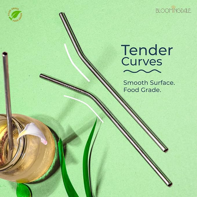 Bloomingdale Straw Reusable Stainless Steel Straw with Cleaning Brush- Long Metal Straws for Drinking Juice, Smoothie, Beverage, Reusable Set of 5 (2- Bend Pipe, 2- Long Straw, 1-Cleaning Brush)