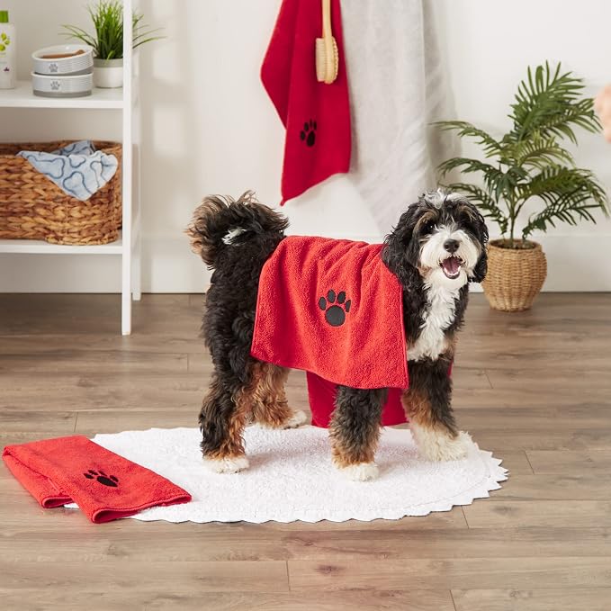Bone Dry Pet Grooming Towel Collection Embroidered Absorbent Microfiber Drying Set, 15x30, Red, 3 Count (Pack of 2)