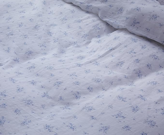 100% French Flax Linen Duvet Cover Set King Size, 3pcs Comforter Digital Botanical Printed Rose Farmhouse Floral Bedding with Button Closure and 8 Corner Ties(Blue Rose, King)