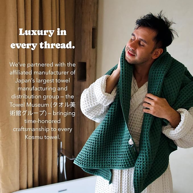Luxury Organic Japanese Cotton Waffle Bath Towel | Thick, Absorbent, Quick Dry Bathroom Towels for Shower, Sauna, Onsen| Hotel & Spa Quality, Gift-Ready (Forest Green, Bath Sheet Set (3-Piece))