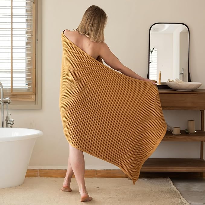 Premium Waffle Bath Towels Pack of 2 Extra Large 35x71 inch - 100% Turkish Cotton, Waffle Weave, Quick Dry, Lint Free, Oversized, Thin Bath Sheet Towel (Caramel, Set of 2 Bath Towels)