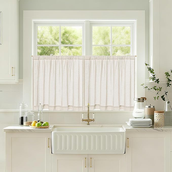Beige Semi Sheer Linen Kitchen Curtains 24 Inch Length 2 Panels | Cream, Cafe Short Curtains, for Bathroom Small Windows, Light Filtering, Farmhouse, Rod Pocket Drapes, 25x24 Inches Long