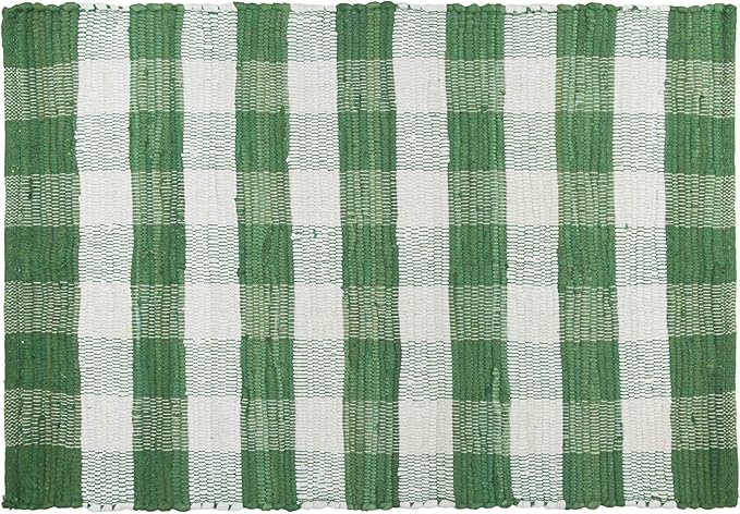 GLAMBURG Cotton Buffalo Check Plaid Washable Handwoven Checkered Welcome Door Mat 18x30 for Kitchen Bathroom Outdoor Porch Laundry Living Room, Farmhouse Reversible Rag Rug Green White