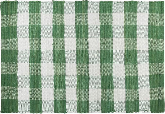 GLAMBURG Cotton Buffalo Check Plaid Washable Handwoven Checkered Welcome Door Mat 18x30 for Kitchen Bathroom Outdoor Porch Laundry Living Room, Farmhouse Reversible Rag Rug Green White