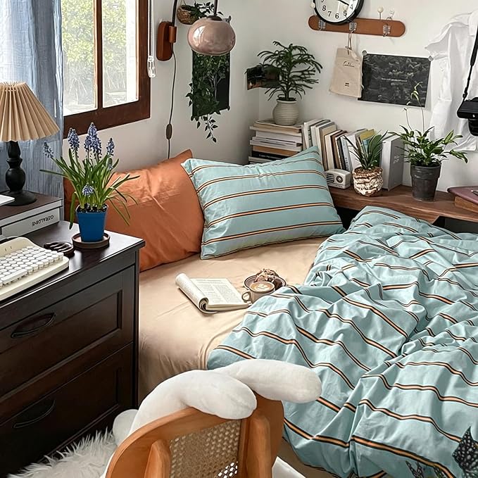 mixinni Retro Mint Blue Striped Duvet Cover Set - 100% Natural Cotton 3-Piece Vintage Stripes Pattern Printed Bedding Set, Soft Breathable Comforter Cover with Zipper Closure & Corner Ties, Queen Size