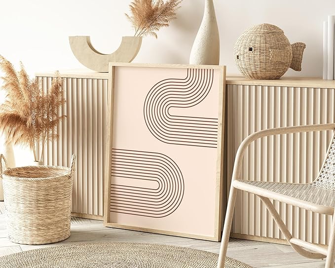 Abstract Double Wavy Arch Wall Art Minimalist S-Shape Lines Earth Tones Terracotta Brown 24x36 Inch Oak Wood Beige Framed Boho Geometric Print for Modern Living Room Decor