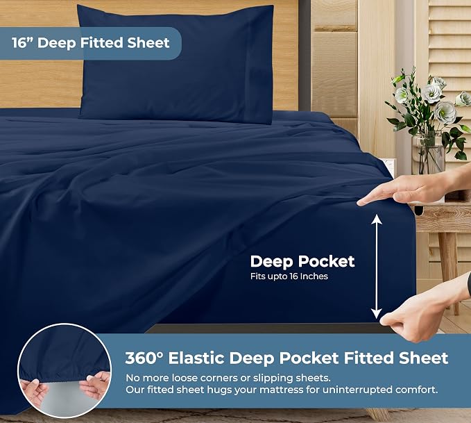 ROYALE LINENS 100% Organic Cotton Twin Sheet Set - Percale Weave - 3 Pieces Set - 1 Flat, 1 Deep Pocket Fitted Sheet and 1 Pillowcases - Navy Bed Sheets - Sábanas Twin - Crisp Cool (Navy)