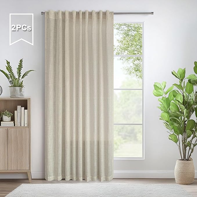 Pitalk 60 Inch Wide Curtains for Boys Bedroom Teen Girls 90 Inches Long Linen Sheer Extra Wide Large Tan Beige Curtains for Nursery Room Playroom Cottage Core 2 Panel Back Tab Pocket 60 x 90 Length