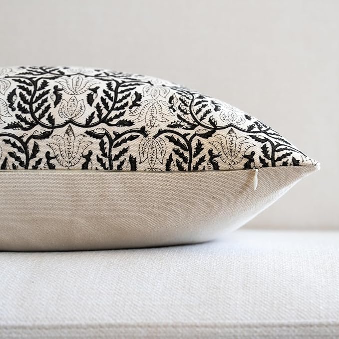FIOUOVO Floral Throw Pillow Covers 20x20 Set of 2 Block Print Cushion Covers Farmhouse Neutral Accent Decorative Pillow Covers Home Decor for Sofa Couch Living Room Bedroom, Charcoal Black