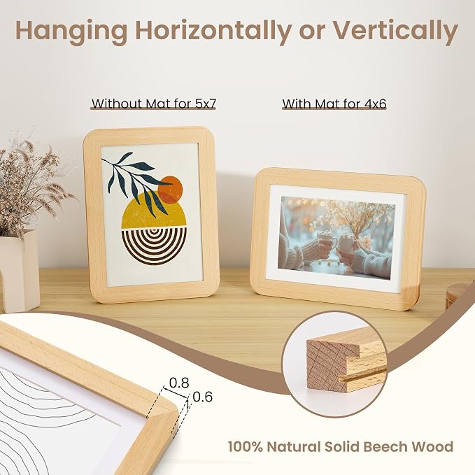 Fun Memories 5x7 Picture Frame - Solid Beech Wood Frame, 5x7 Photo Frame with Mat for 4x6, 5 By 7 Picture Frame with Tempered Glass & Rounded Corners, Tabletop and Wall Display, Natural Beech