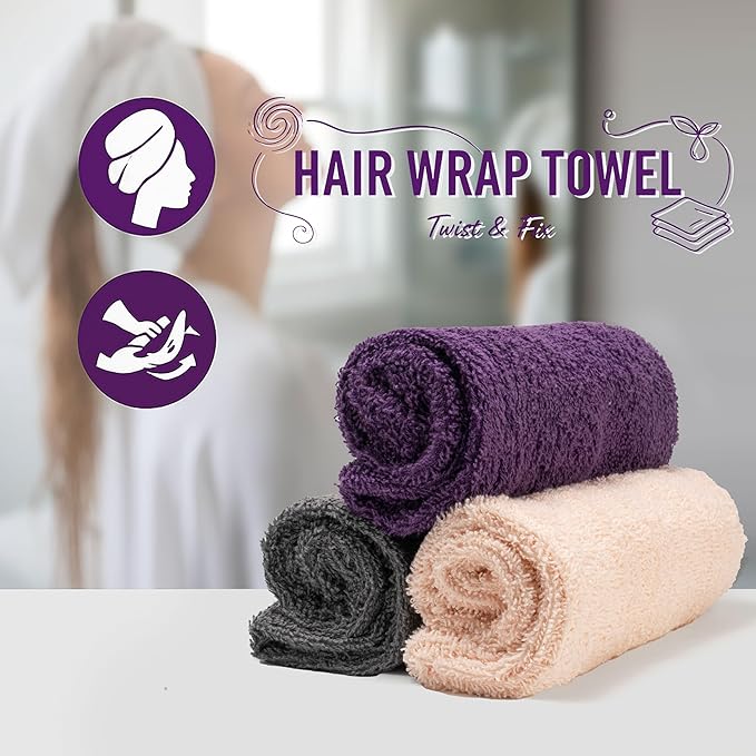 Textila 100% Cotton Hair Wrap Towels for Women (Pack of 3, Plum, Pink & Grey) – Soft & Absorbent Turban Towels for Long, Curly, Frizz-Prone Hair