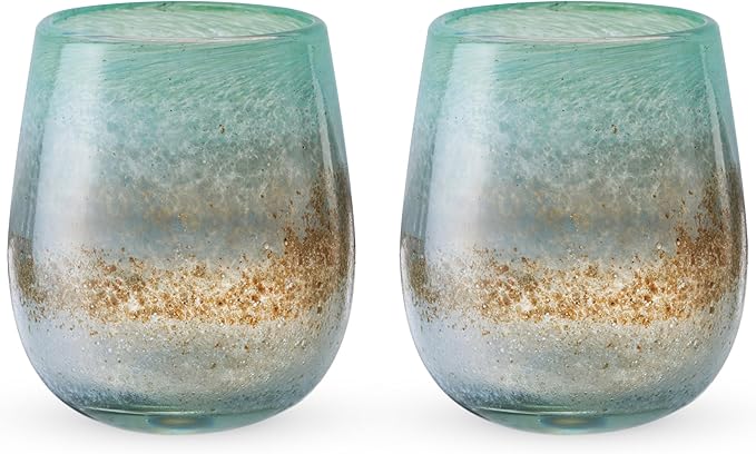 Segunda Vida Playa Bonita Hand Blown Wine Glasses, Recycled Mexican Glassware with Coastal Inspired Sea Blue and Sand Design, Stemless Drinking Glasses for Wedding Gifts, Wine Lovers, 13 oz Set of 2