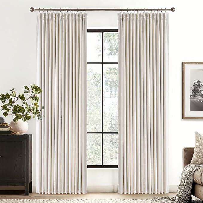 RYB HOME Natural Pinch Pleated Linen Curtains, 100% Blackout Thermal Insulated Double Layer Textured Curtains for Sliding Glass Door Picture Window, Cream White, 40" W x L90 L, 2 Panels Set