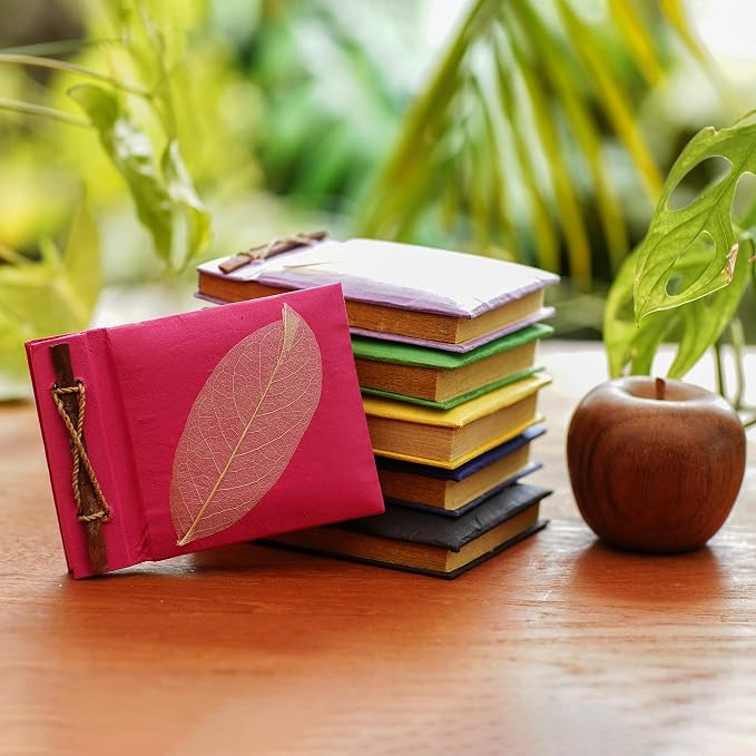 NOVICA Purple Pink Green Yellow Recycled Natural Fiber Notebooks With Rice Paper, 'Happy Leaf' (Set Of 6)