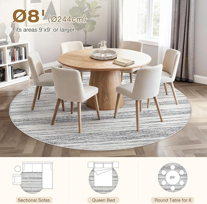 Tortania 8' Round Area Rug Living Room Rugs - Washable Large Soft Neutral Boho Moroccan Bohemian Farmhouse Rug Indoor Floor Carpet for Bedroom Under Dining Table Home Office Decor - Grey