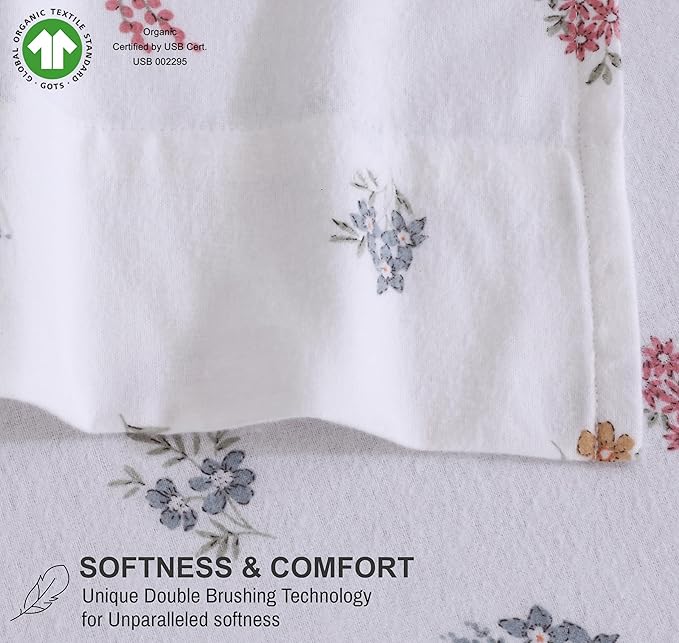 RUVANTI Flannel Sheets Queen Size - GOTS Certified 100% Organic Cotton, 4 Piece Warm, Soft & Breathable Set, Deep Pocket Snug Fit, Double Brushed Cozy All Season Bedding, Floral