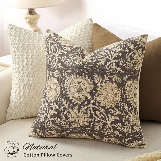 Vintage Floral Print Throw Pillow Covers 22x22 Set of 2 Neutral Modern Farmhouse Accent Decorative Cushion Covers Boho Home Decor for Couch Sofa Chair Bed Living Room, Rustic Gray
