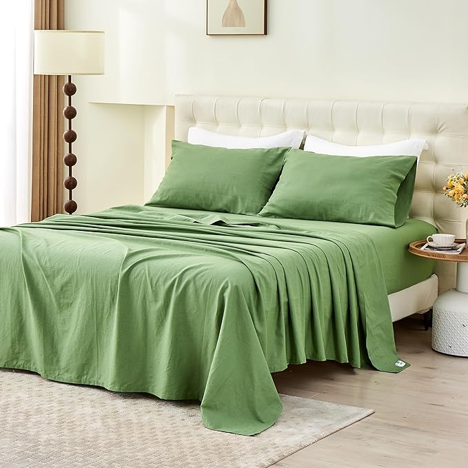 BISELINA Linen Sheet French Flax Flat Sheet Only 55% Euro Linen 45% Cotton Basic Style Solid Color Soft Breathable Farmhouse Top Sheet 1-Piece (Full, Khaki Green)
