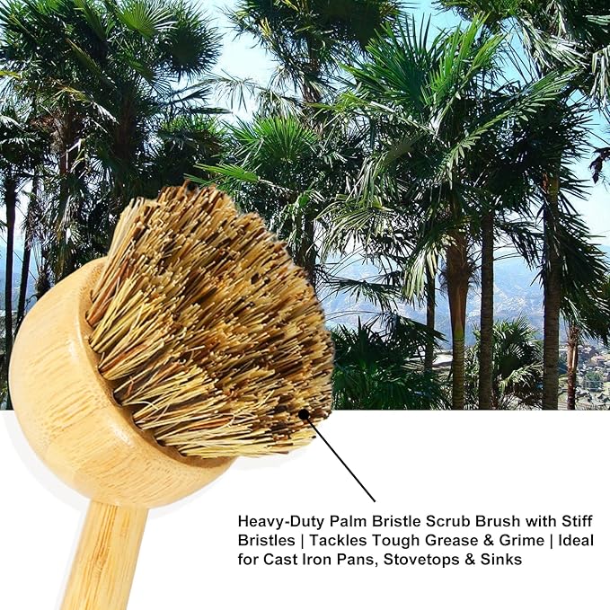 2 Pack Natural Kitchen Dish Brushes with Sisal & Palm Bristles, Long Bamboo Handle Scrubber for Dishes, Cast Iron Pans Pots and Vegetable Cleaning
