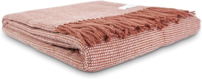 Calyx Interiors Wool Throw Blanket – 50 x 60in Lambswool Throw Blanket with Tassels – Soft and Warm Thick Wool Throw – Throw Blanket for Couch, Bed, Sofa – Warm Blanket for Winter (Brick/Cream)