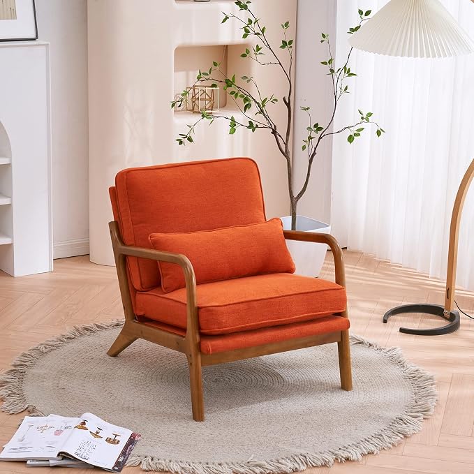 Karl home Mid-Century Modern Accent Reading Chair, Burnt Orange | Linen Upholstered, Solid Wood Frame, Soft Cushion, Lumbar Pillow, Lounge Armchair for Living Room, Bedroom, Balcony, Study