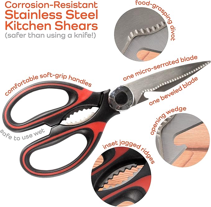 BambooMN Bamboo Cutting Board - 13" x 9" x 0.40" w/Kitchen Scissors Set (Scissor & Peeler) - Red & Black - 3 Sets