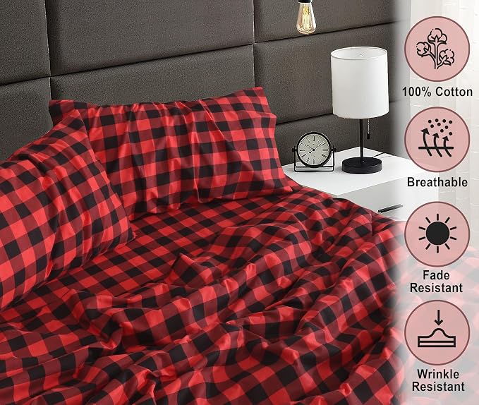 RUVANTI Flannel Sheets Queen Size - 100% Cotton Double Brushed Bed Sheets, Deep Pockets 16 Inches Queen Sheet Set, All Seasons Breathable & Extra Soft - Warm & Cozy, 4 Piece, Red & Black Plaid
