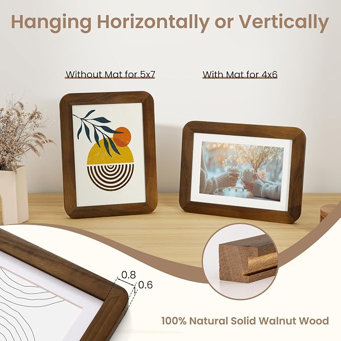 Fun Memories 5x7 Picture Frame - Solid Walnut Wood Frame, 5x7 Photo Frame with Mat for 4x6, 5 By 7 Picture Frame with Tempered Glass & Rounded Corners, Tabletop and Wall Display, Natural Walnut