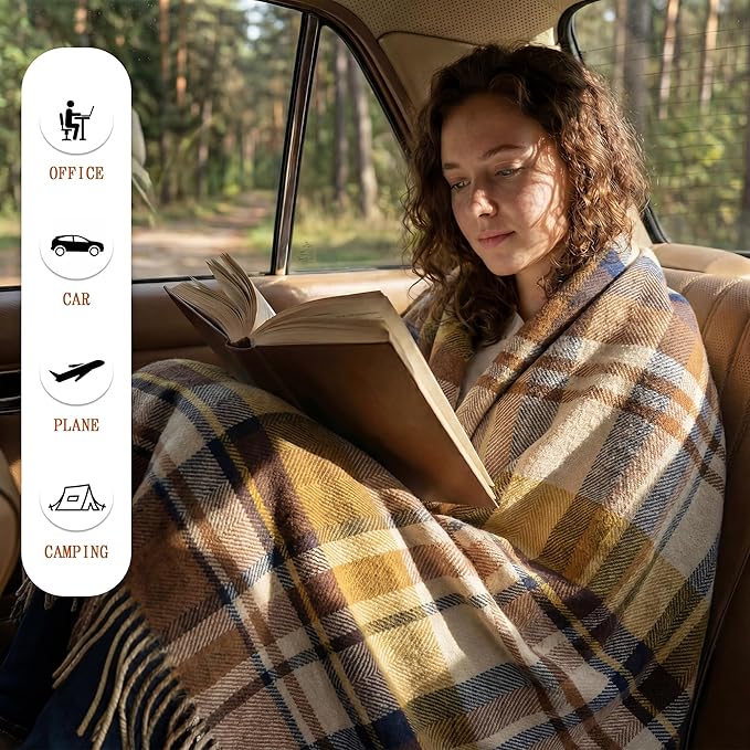 Soft Pure Wool Throw Blanket, Lightweight Warmth, 55"x83", Plaid, Fringe, Compact with Bag, Useful Gift for Women Men, All Season Decorative Cozy Travel Blanket for Couch Bed, Outdoors