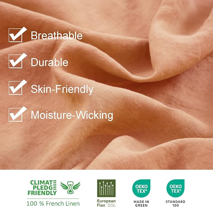 S VICTORY SYMBOL 100% Organic Linen Duvet Cover Set 3PCS Queen Size,Stone Washed French Flax Bedding,1 Comforter Cover and 2 Pillowcases Solid Color Bedding Set(Peach)