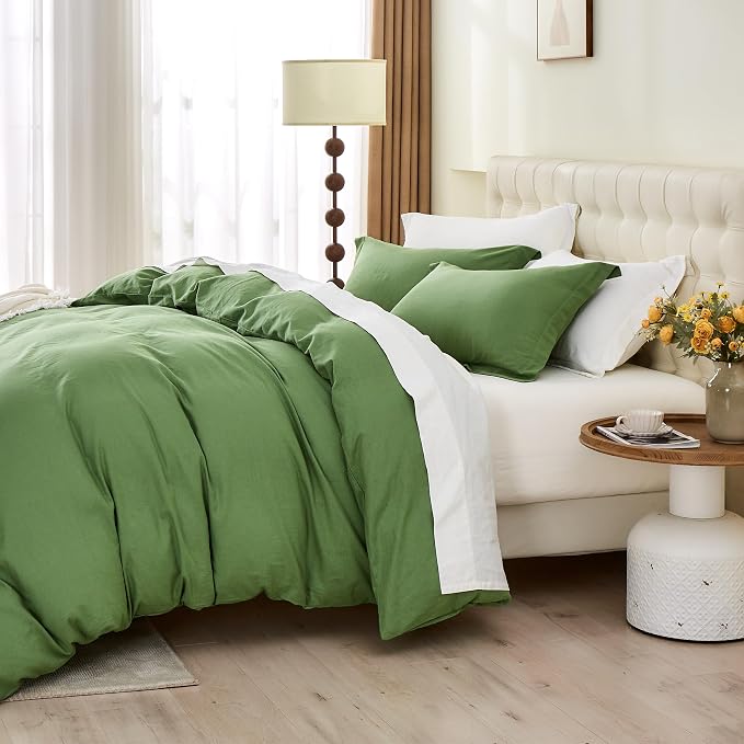 Simple&Opulence French Linen Duvet Cover Set- 104"x 92" - 3 Pieces (1 Comforter Cover,2 Pillowcases)-Natural Flax Cotton Blend-Solid Color Breathable Farmhouse Bedding - Khaki Green, King