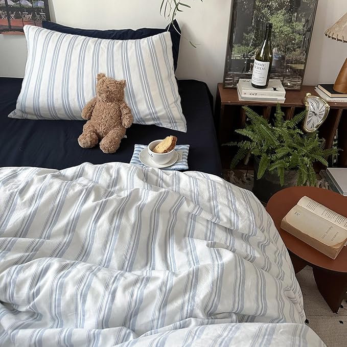 mixinni Vintage Blue & White Striped Duvet Cover Set - 3 Piece 100% Washed Cotton Twin Size Bedding | Minimalist Relaxed Style | Ultra Soft Breathable, with Zipper Closure & Corner Ties-Twin Size