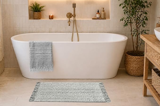 COTTON CRAFT Woven Area Rug - 2 Pack Reversible Boho Farmhouse Rustic Cotton Throw Rug Carpet with Fringe - Machine Washable Mat for Bedroom Living Room Entryway Bathroom - 22x34 - Grey Natural