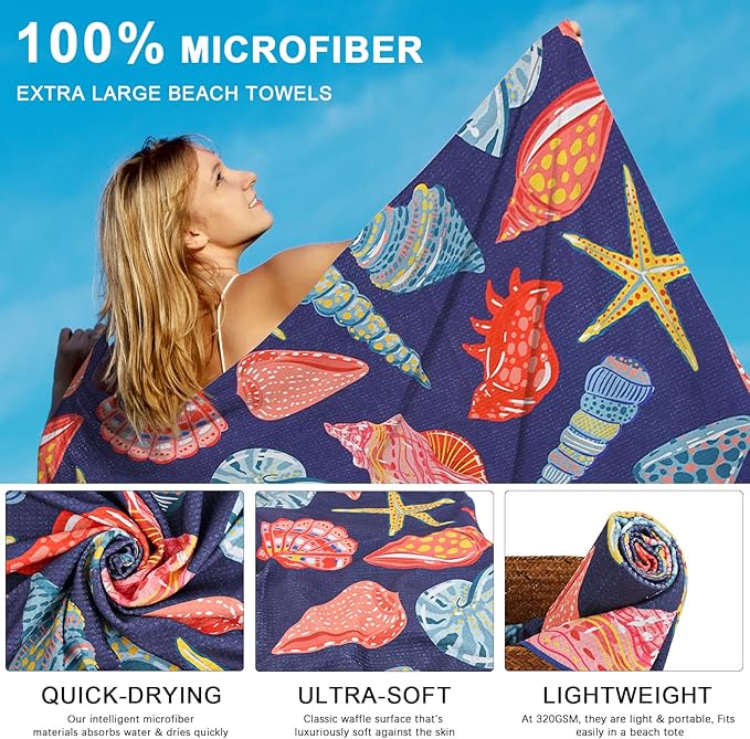 Microfiber Waffle Beach Towels,Ultra Soft and Sand Free Beach Essentials,High Absorbent Pool Towels,Quick Dry Light Weight Oversized Large Towels for Travel Camping Beach Accessories
