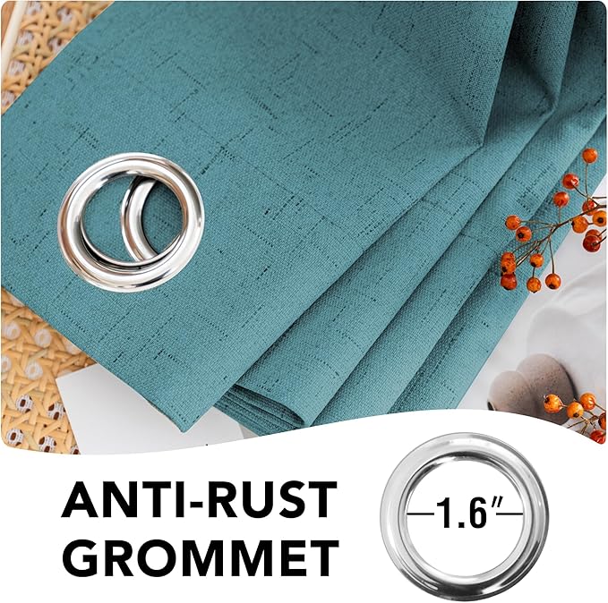 H.VERSAILTEX Linen Curtains 100% Blackout Curtains for Bedroom 102 inch Long Full Light Blocking Nature Linen Blended Window Curtains for Living Room Nickel Grommet (2 Panels, Teal)