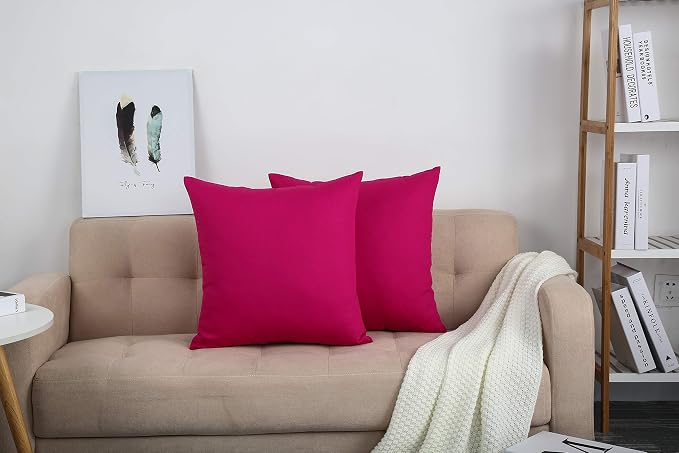 TangDepot Cotton Solid Throw Pillow Covers, 14" x 14" , Brilliant Rose, 1 Count (Pack of 1) | 100% cotton, same-color zip, machine wash & air dry. For living room, bedroom, office, car. 42 colors, 141 sizes. Cover only.