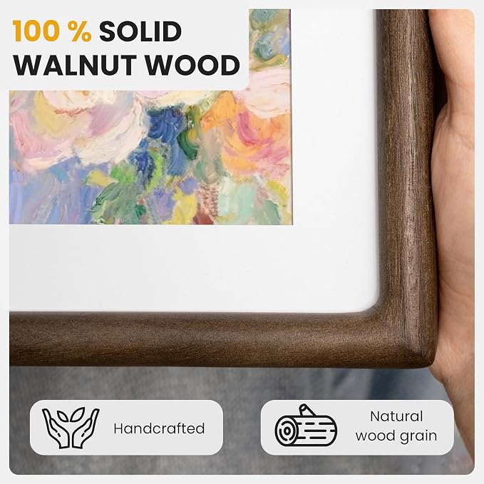 12x16 Picture Frame, USA-Sourced Walnut Wood Picture Frame 12 x 16 for Art & Poster Display, 12x16 Frame with High Tempered Glass, Wooden Frame Matted to 8.5x11 Photo Wall Mounted, 1 Pack