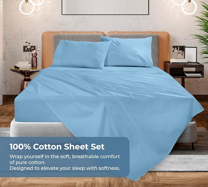 ROYALE LINENS 100% Organic Cotton King Sheet Set - Percale Weave - 4 Pieces Set - 1 Flat, 1 Deep Pocket Fitted Sheet and 2 Pillowcases - Lake Blue Bed Sheets - Sábanas King - Crisp Cool (Lake Blue)