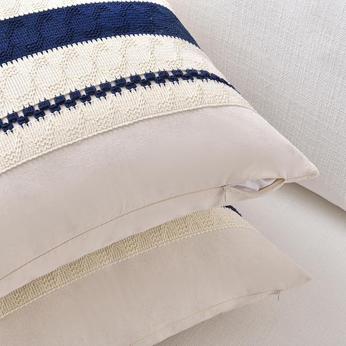 Fancy Homi Set of 2 Navy Blue Decorative Throw Pillow Covers 22x22 Inch for Couch Bed Sofa Living Room Office, Aesthetic Modern Organic Farmhouse Home Decor, Soft Cotton Woven Textured Cushion Case