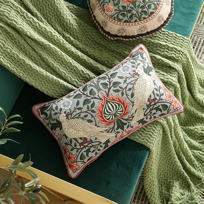 ISAENNE Designer William Morris Rectangular Throw Pillow Covers 12x20 Pack of 2,Vintage Floral Birds Cushion Cases, Decorative Linen Pillow Covers for Sofa Couch Bedroom Living Room Outdoor