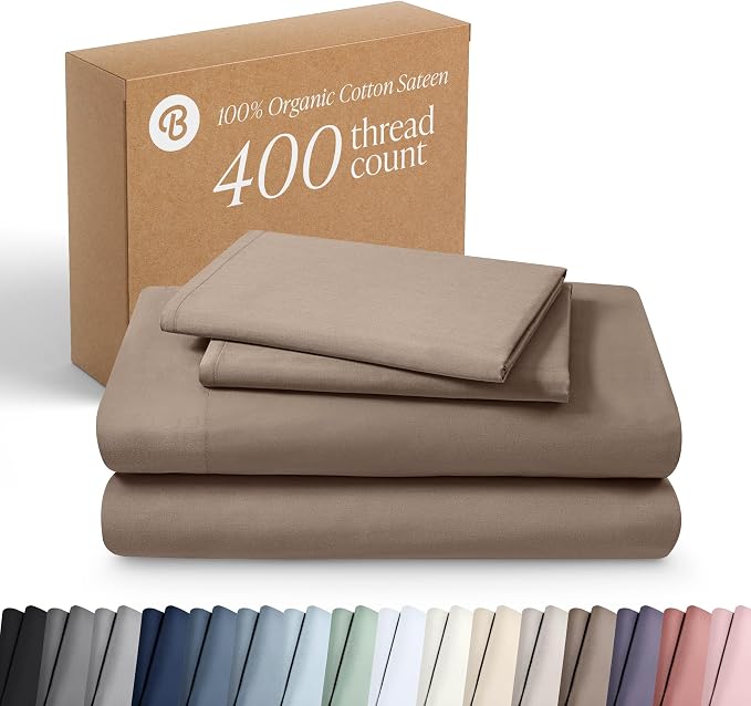Bare Home 100% Organic Cotton Queen Sheet Set - 400 Thread Count - Smooth Sateen Weave - Breathable & Cooling - Hotel Luxury Set - Deep Pocket Bed Sheets (Queen, Taupe)