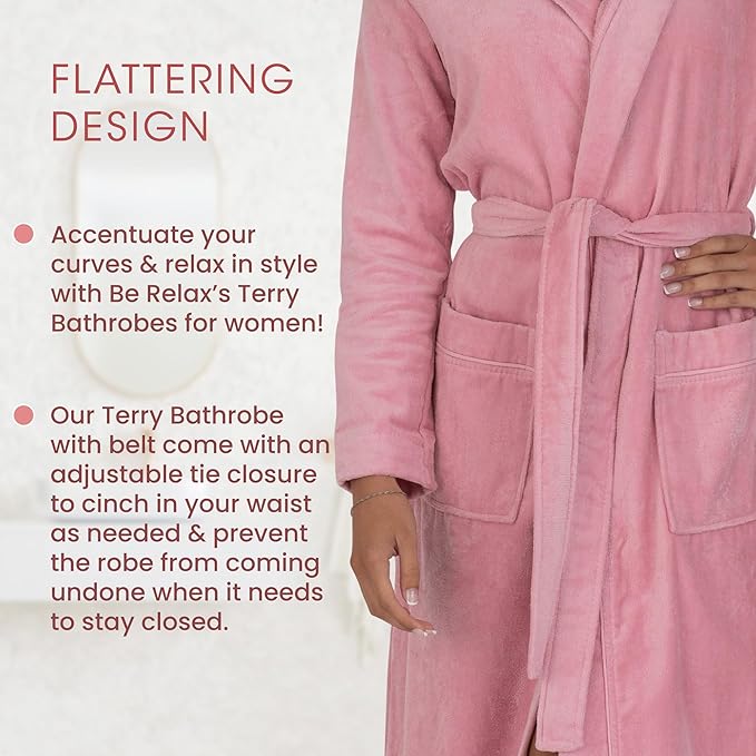 Be Relax Bathrobe for Women - Full Length Terry Cotton Robe with Shawl Collar and Hood, Warm and Cozy Robe with Belt & Pocket