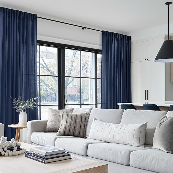 Navy Blue Curtains 120 inch Length for Bedroom Back Tab Light Filtering Semi Sheer Blue Living Room Curtains Linen Cotton Textured Indigo Blue Drapery Panel Modern Farmhouse Aesthetic Decor Dark Blue