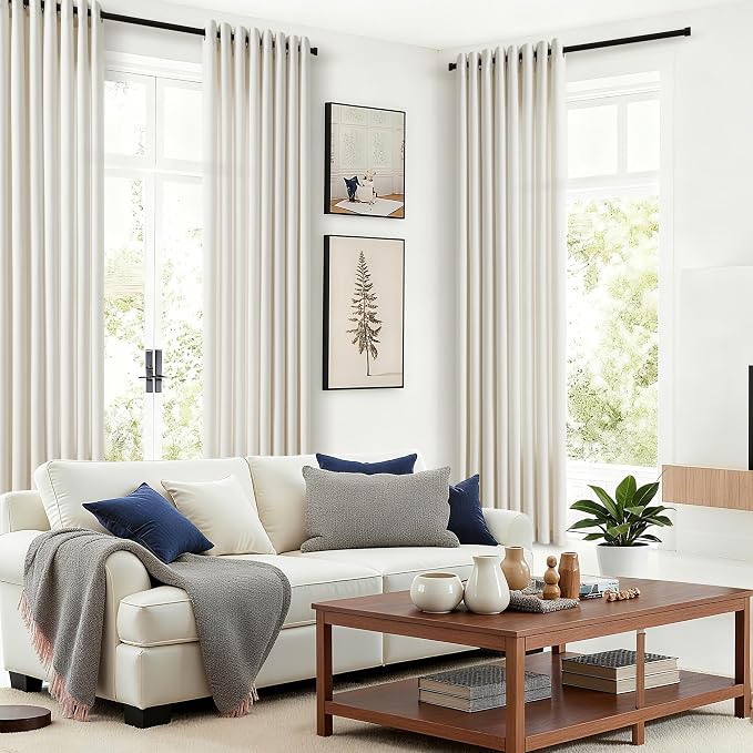 Cream 126 Inch Long Linen Curtains for High Ceiling Living Room Bedroom 2 Panels Set Drapes Bronze Ring Top Grommet Privacy Semi Sheer Ivory Birch Natural Extra Long Curtains 126 Inch Length