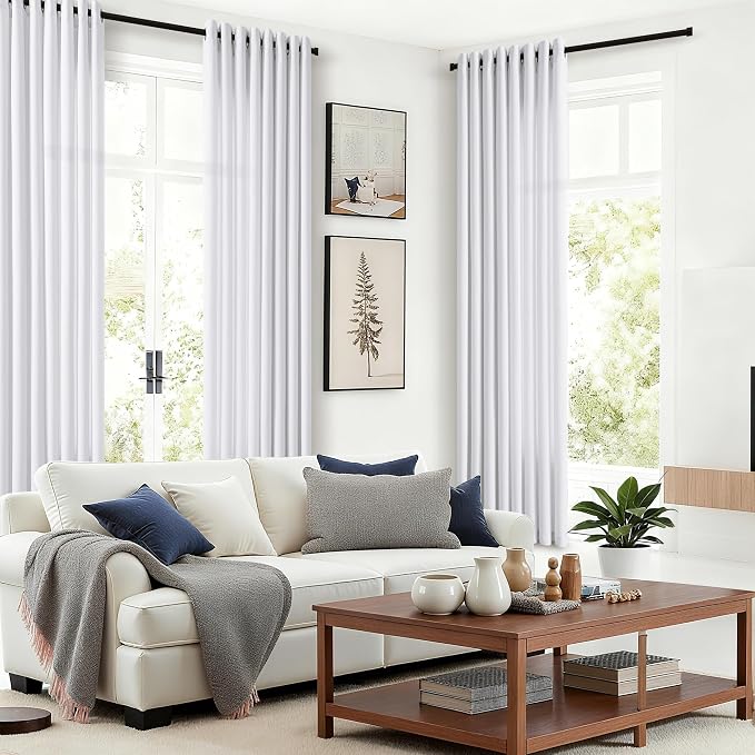 White Grommet Linen Long Curtains 96 Inches Long for Living Room 2 Panels Set Light Filtering Neutral Modern Farmhouse Boho Non-See-Through 96 Inches Length 8 ft Window Curtain for Sliding Door Patio
