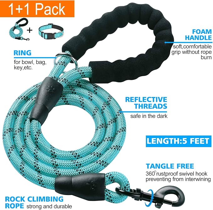 Reflective Dog Collar Padded with Soft Neoprene Breathable Adjustable Nylon Dog Collars for Small Medium Large Dogs (Collar+Leash L Neck 19"-23.5", Blue)