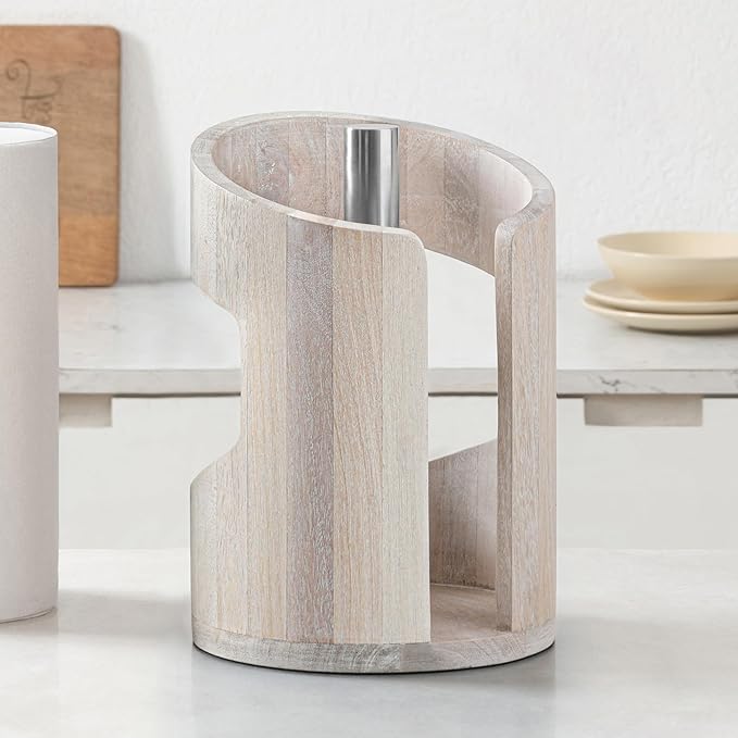 Anji Mountain Wooden Paper Towel Holder Countertop with Mango Wood Round Base and Iron Holder, Holder Stand for Kitchen Roll Organizer & Kitchen Dining Table Home Decor - Whitewash/Nickel, Arc Hold